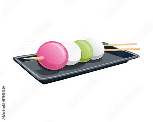 Traditional japanese dango skewers for sweet snack and authentic oriental dessert restaurant menu design - Vector Illustration