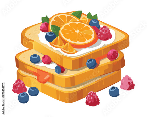 Orange and blueberry fruit toast for healthy breakfast and sweet morning snack dessert menu design - Vector Illustration