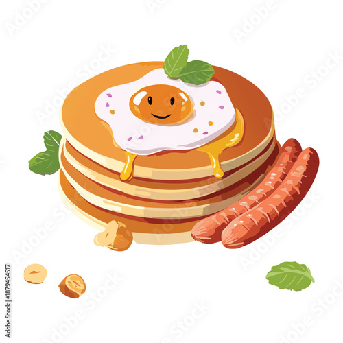 Stack of pancakes with butter and sausages for hearty american breakfast and restaurant brunch menu design - Vector Illustration