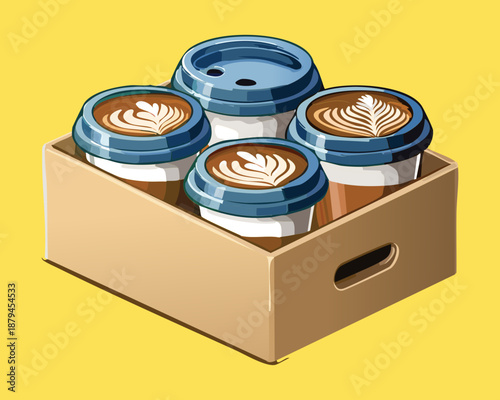 Box of assorted take away coffee cups for office meeting and morning cafe energy caffeine boost - Vector Illustration