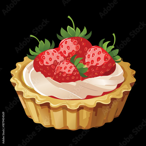Strawberry tart with whipped cream and berry slices for sweet treat and bakery shop dessert - Vector Illustration