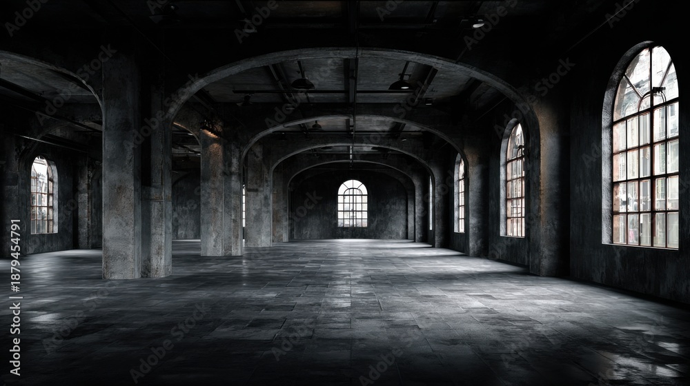 Obraz premium Dark industrial interior with large arched windows