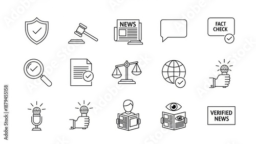 Collection of icons representing legal and news verification, including documents, scales of justice, newspapers, fact checks, and microphones, symbolizing truth and accuracy