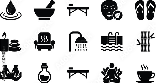Black And White Vector Icon Set Of Spa And Wellness Symbols Featuring Massage Tables Essential Oils Stones Bamboo Swimming Pool Sauna And Healthy Relaxation Elements