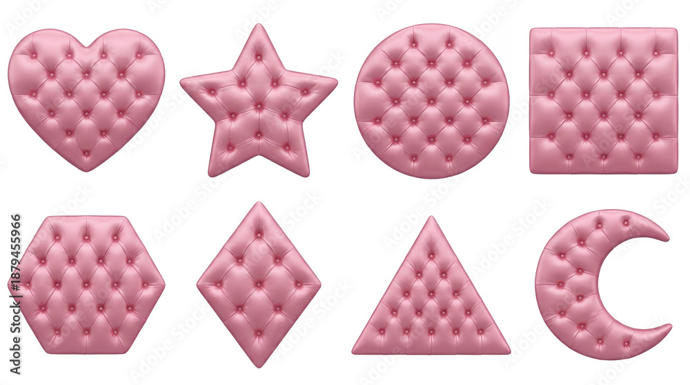 Fototapeta premium Pink tufted leather shape set including heart, star, circle, square, hexagon, diamond, triangle, and moon isolated. Luxury upholstery and soft furniture elements.