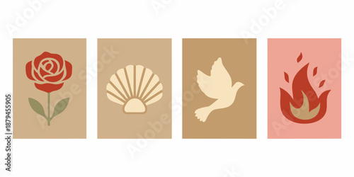 Four decorative panels featuring a rose shell dove and flame icons