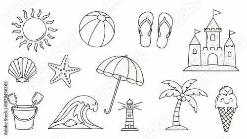 Collection of Summer Beach Icons and Symbols Hand Drawn Style.