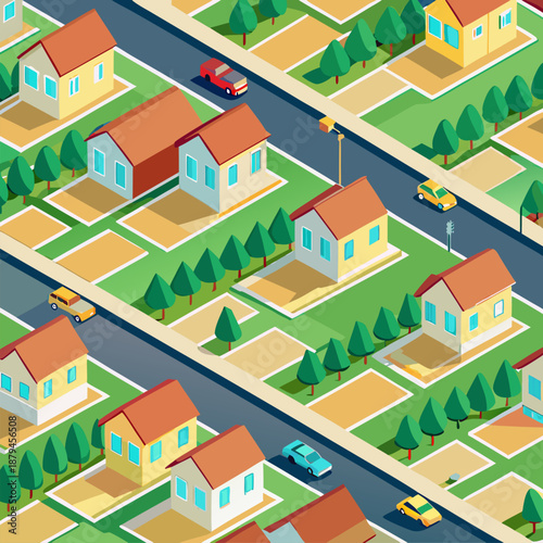 Isometric Suburban Neighborhood with Identical Houses Vector