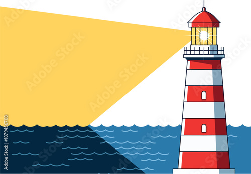 Lighthouse with Light Beam over Sea