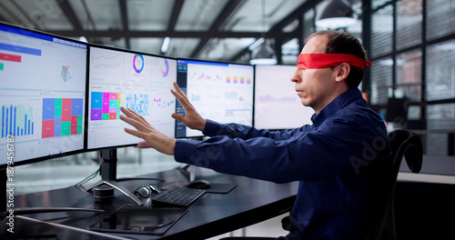Konstfotografi Confused Businessman Blindfolded At Desk