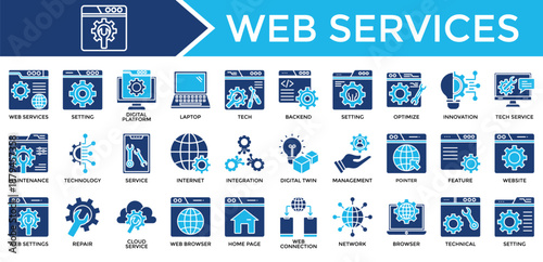 Web Services icon set collection. Containing www, link, operation, program, transfer, cog, gears .Solid vector icons collection