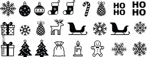 Christmas and New Year Icon Set with Snowflakes Gifts Trees and Holiday Symbols Vector
