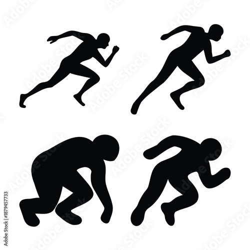 Dynamic black silhouettes illustrating athletic runners in various stages of a sprint