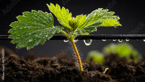 Lush Organic Lettuce and Strawberry Seedlings in Sustainable Wooden Raised Beds with Drip Irrigation.