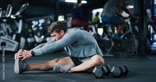 Tableau sur toile Man, stretching or gym with leg on floor for workout preparation, exercise or indoor training