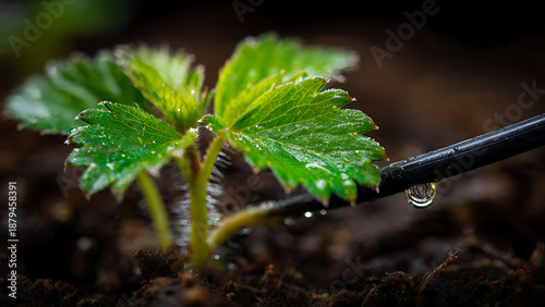 Extreme Macro of a Young Strawberry Seedling with Glistening Water Droplets and Drip Irrigation
