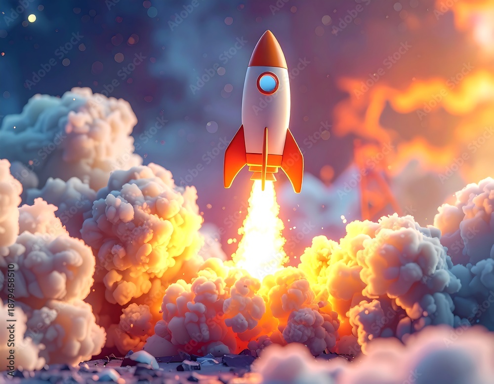 Fototapeta premium Cartoon rocket soaring through clouds, bathed in bright orange light