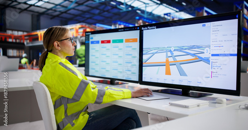Quadro su tela Efficient Young Lady Using Route Planning App For Logistics Management