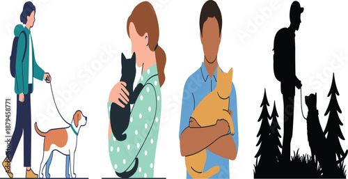 Pet ownership lifestyle vector illustration set featuring people walking dogs, holding cats and dogs, and outdoor silhouette scenes