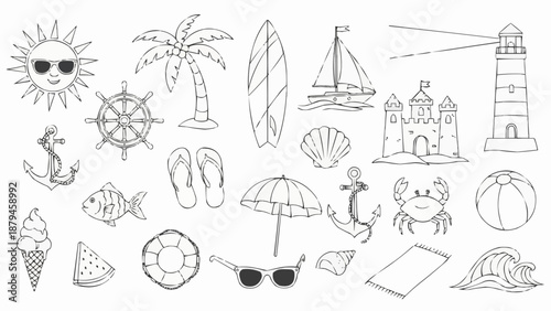 Collection of Summer Beach and Vacation Icons Hand Drawn Sketch.