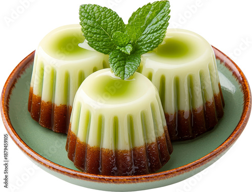 Matcha pudding dessert sweet green tea mint garnish creamy matcha pudding dessert with mint