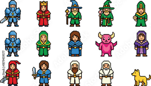 Pixel Fantasy Character Set with Knights Wizards Kings Heroes and Mythical Creatures Vector