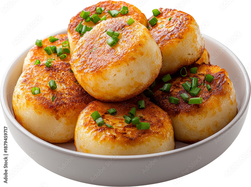 Fototapeta premium Fried potato cake golden crust chive topping white plate comfort food snack with appetizing look