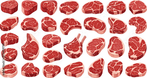 Raw Beef Steak Cuts Collection Isolated on Transparent Background Butcher Meat Vector Set
