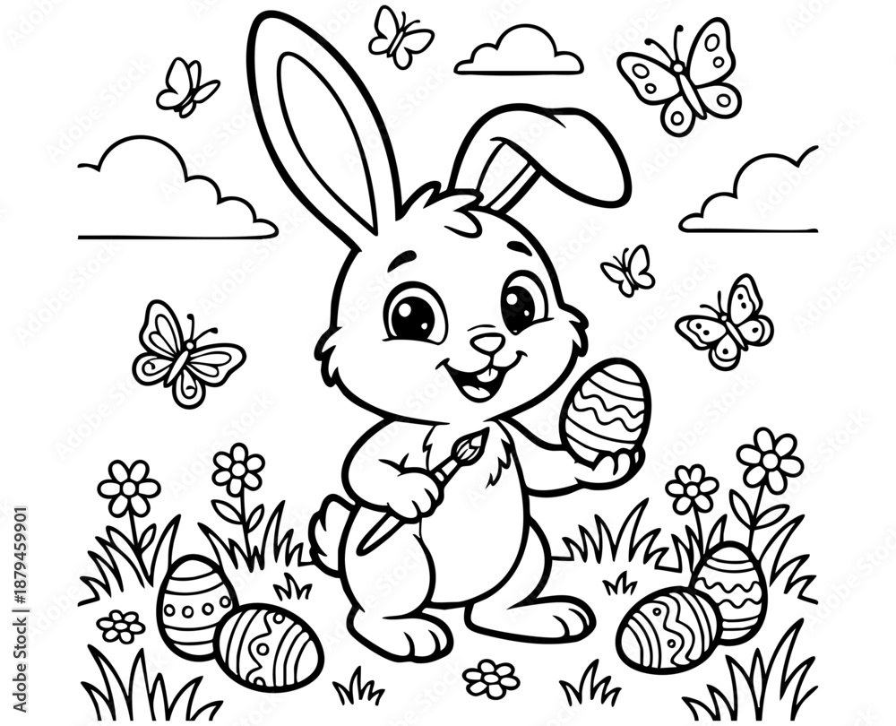 Fototapeta premium a4 colouring page bunny painting an easter egg. ready to print on standard A4 paper.