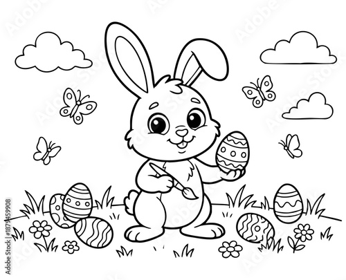 bunny painting easter egg and some flowers, coloring page ready to print on standard 8.5x11 inch paper
