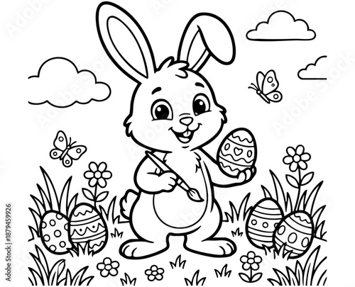 bunny painting easter egg and some flowers, coloring page ready to print on standard 8.5x11 inch paper