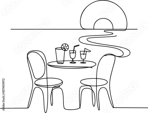 Continuous Line Art Illustration of Table Setup with Drinks and Setting Sun — Minimal Sunset Scene