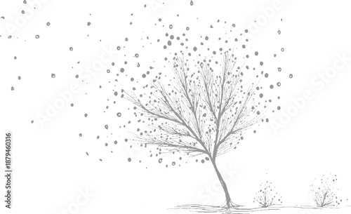 A single delicate tree with sparse branches and falling dots in a whimsical style evoking a sense of movement and nature's subtle beauty against a white background