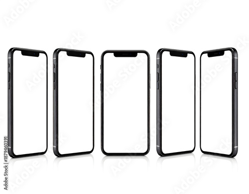 Five smartphones in a row with blank screens displayed on a white surface from a front viewpoint