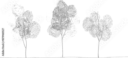 Three stylized hand-drawn trees with scribbled circular canopies and thin branches rendered in a grey line style against a clean white background