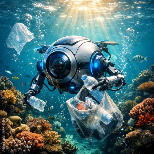 Underwater environmental robot drone cleaning plastic waste from ocean