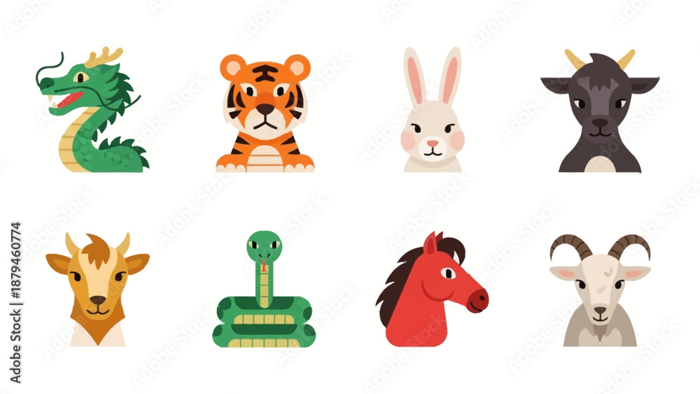 Naklejka premium Collection of Eight Cute Cartoon Chinese Zodiac Animal Characters on White Background