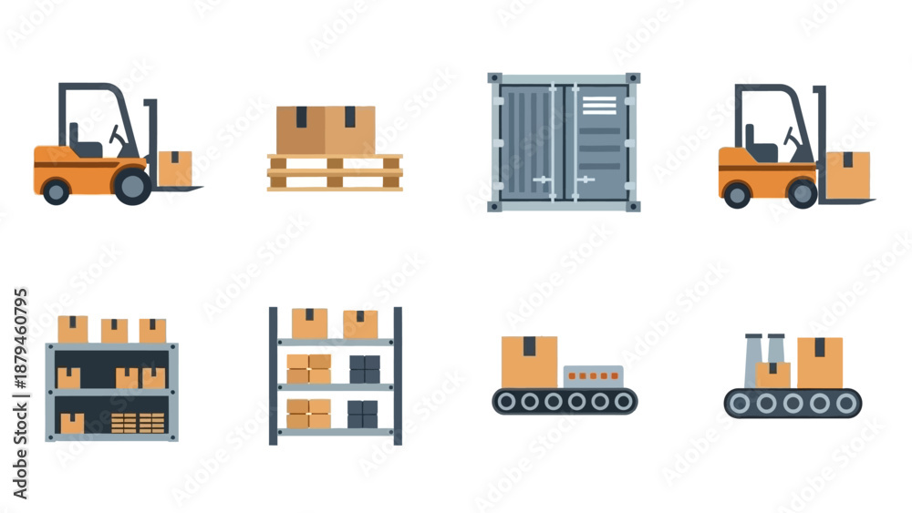 Fototapeta premium Collection of Flat Vector Illustrations Depicting Warehouse Logistics and Shipping Operations