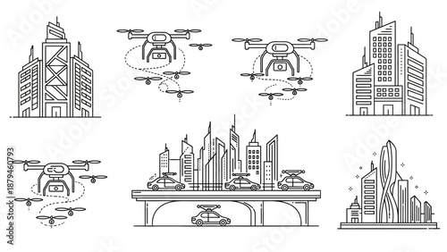 Futuristic Urban Landscape with Drones and Autonomous Cars Smart City Technology Outline