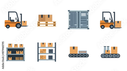 Collection of Flat Vector Illustrations Depicting Warehouse Logistics and Shipping Operations