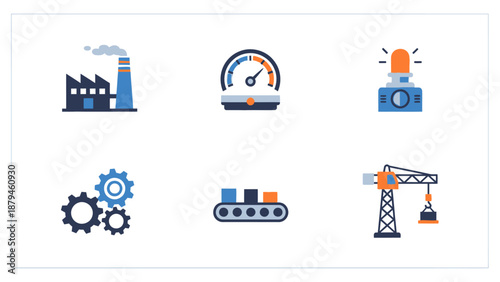 Industrial and Manufacturing Process Icons Set Featuring Factory, Gauge, Gears, Conveyor, Crane