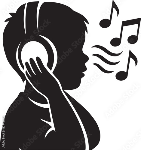 Silhouette of a young boy listening to music with headphones vector illustration