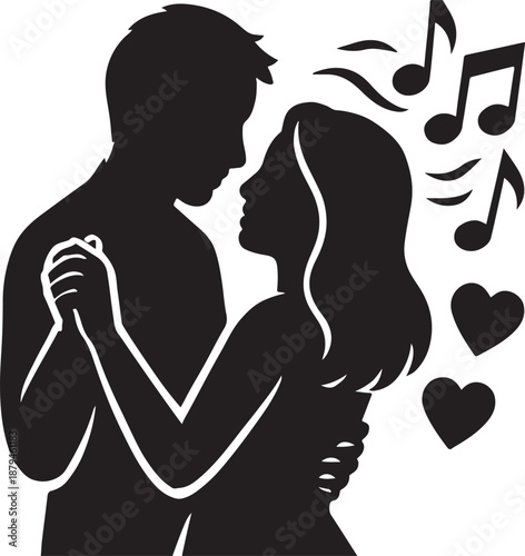 Silhouette of a romantic couple slow dancing with musical notes and hearts