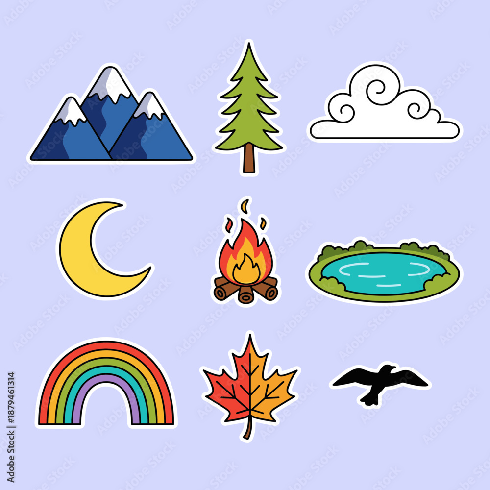 Fototapeta premium Collection of nature and camping stickers including mountains pine tree campfire rainbow and moon for outdoor adventure design elements