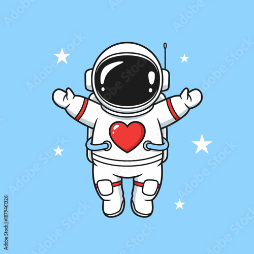 Cute space astronaut floating with a red heart on chest and open arms for love and science exploration theme vector cartoon character