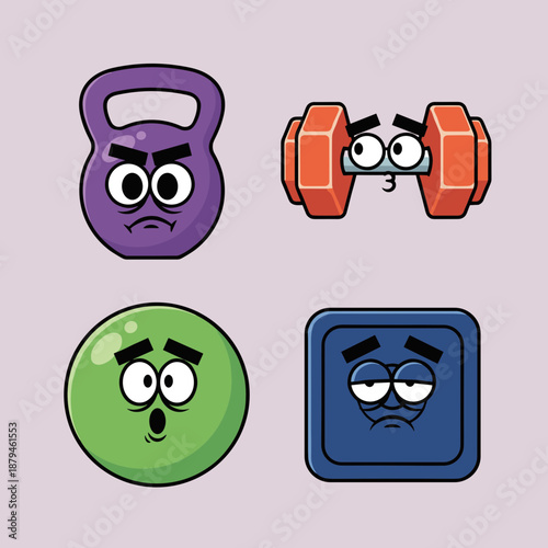 Set of fun gym equipment characters with cute faces including kettlebell and dumbbell isolated on light background for fitness design