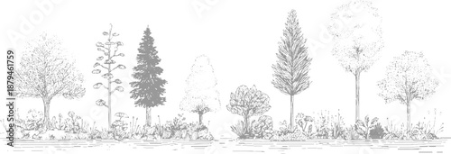 Artistic monochrome of a diverse tree line-up including deciduous, coniferous, and succulent plants with detailed foliage and undergrowth