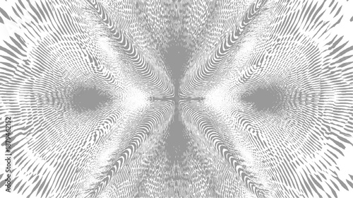 Symmetrical abstract grayscale pattern resembling a butterfly or abstract eye with radiating lines and a central cross shape