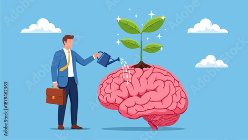 A businessman waters a plant growing from a giant brain, symbolizing the continuous effort required to nurture intelligence and cultivate professional growth