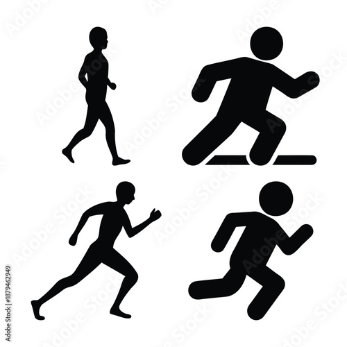 Various human running and walking black silhouettes illustrating movement and fitness